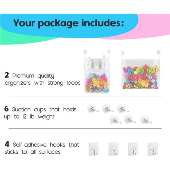 2 x Mesh Bath Toy Organizer + 8 Ultra Strong Hooks – The Perfect Bathtub Toy - Picture 5 of 7
